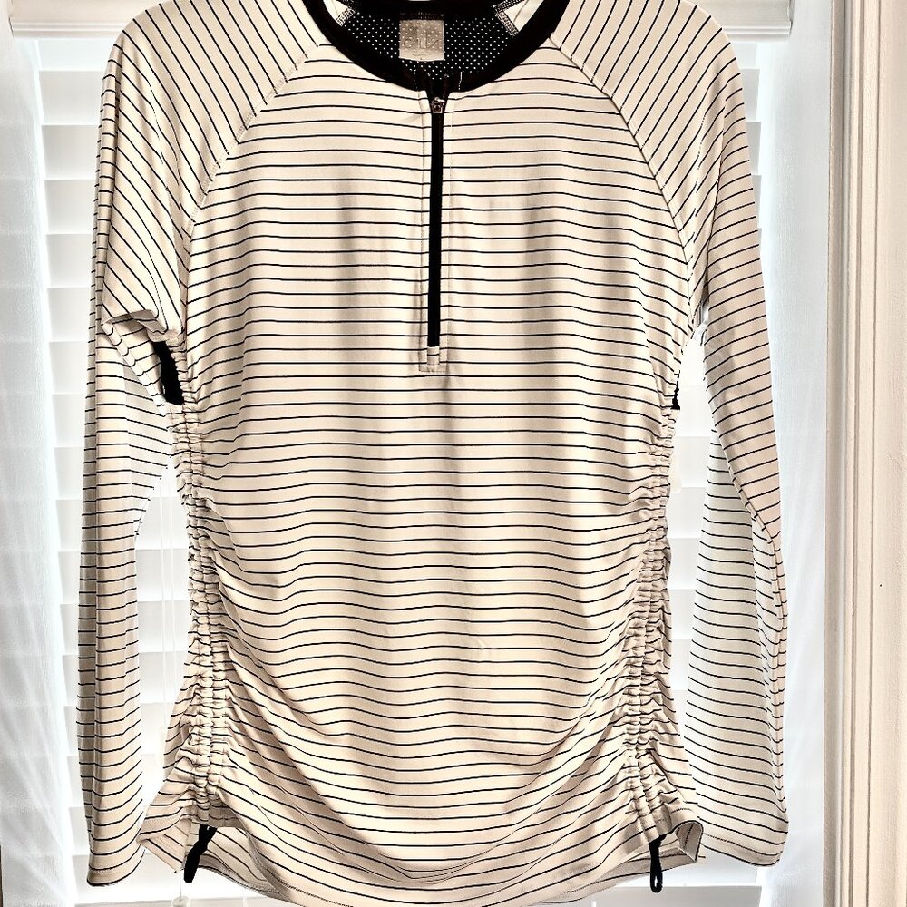 CALIA by Carrie Underwood Womens Swim Rash Guard Top Black White Stripe - LARGE